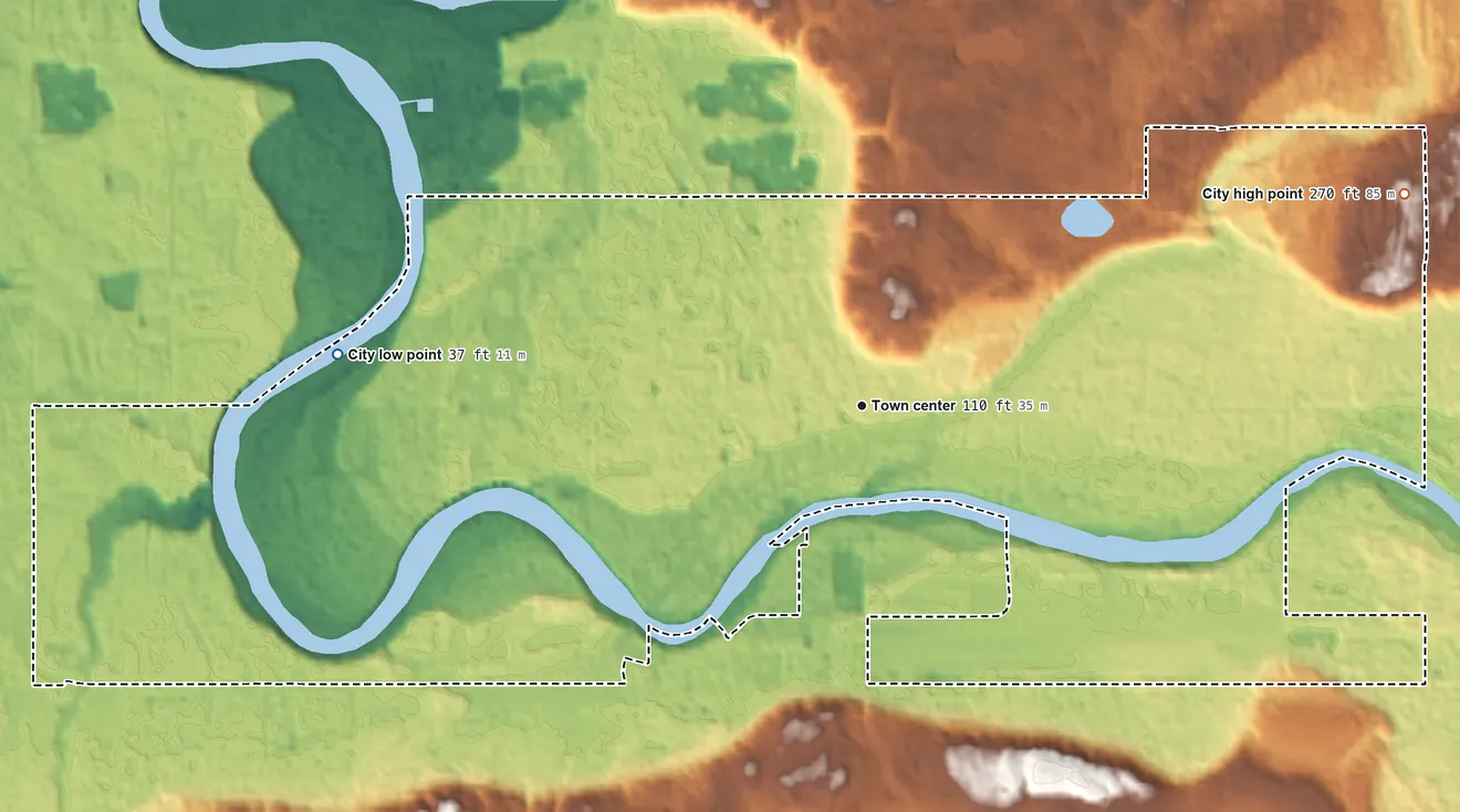 Topographic elevation map of Soldotna, Alaska, shaded from 37 ft on the west side to 270 ft on the east side