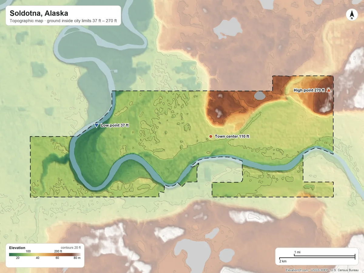 Topographic elevation map of Soldotna, Alaska, shaded from 37 ft on the west side to 270 ft on the east side