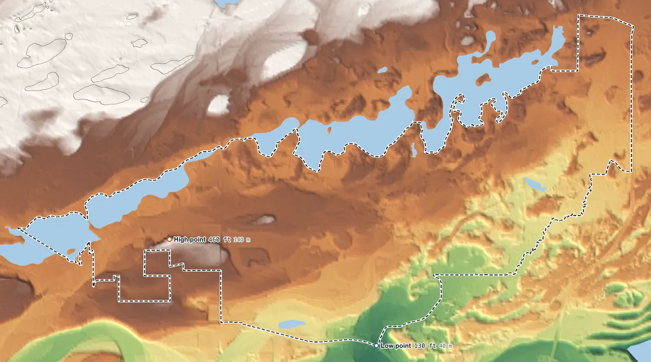 Topographic elevation map of South Lakes, Alaska, shaded from 130 ft on the south side to 460 ft on the west side