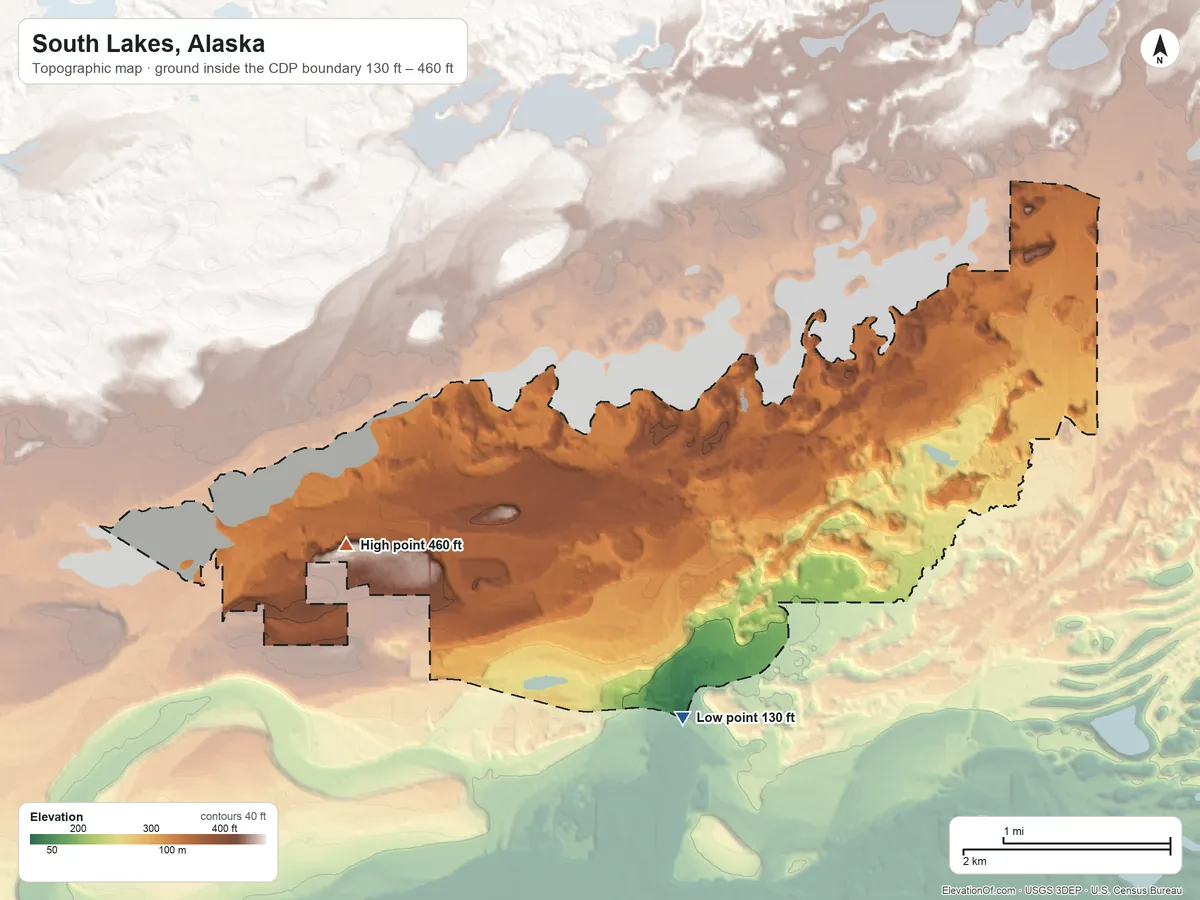 Topographic elevation map of South Lakes, Alaska, shaded from 130 ft on the south side to 460 ft on the west side