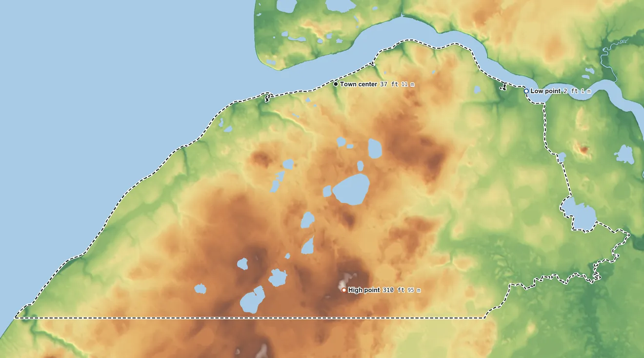 Topographic elevation map of South Naknek, Alaska, shaded from 2 ft on the east side to 310 ft on the south side