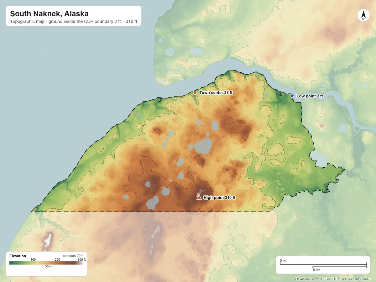 Topographic elevation map of South Naknek, Alaska, shaded from 2 ft on the east side to 310 ft on the south side