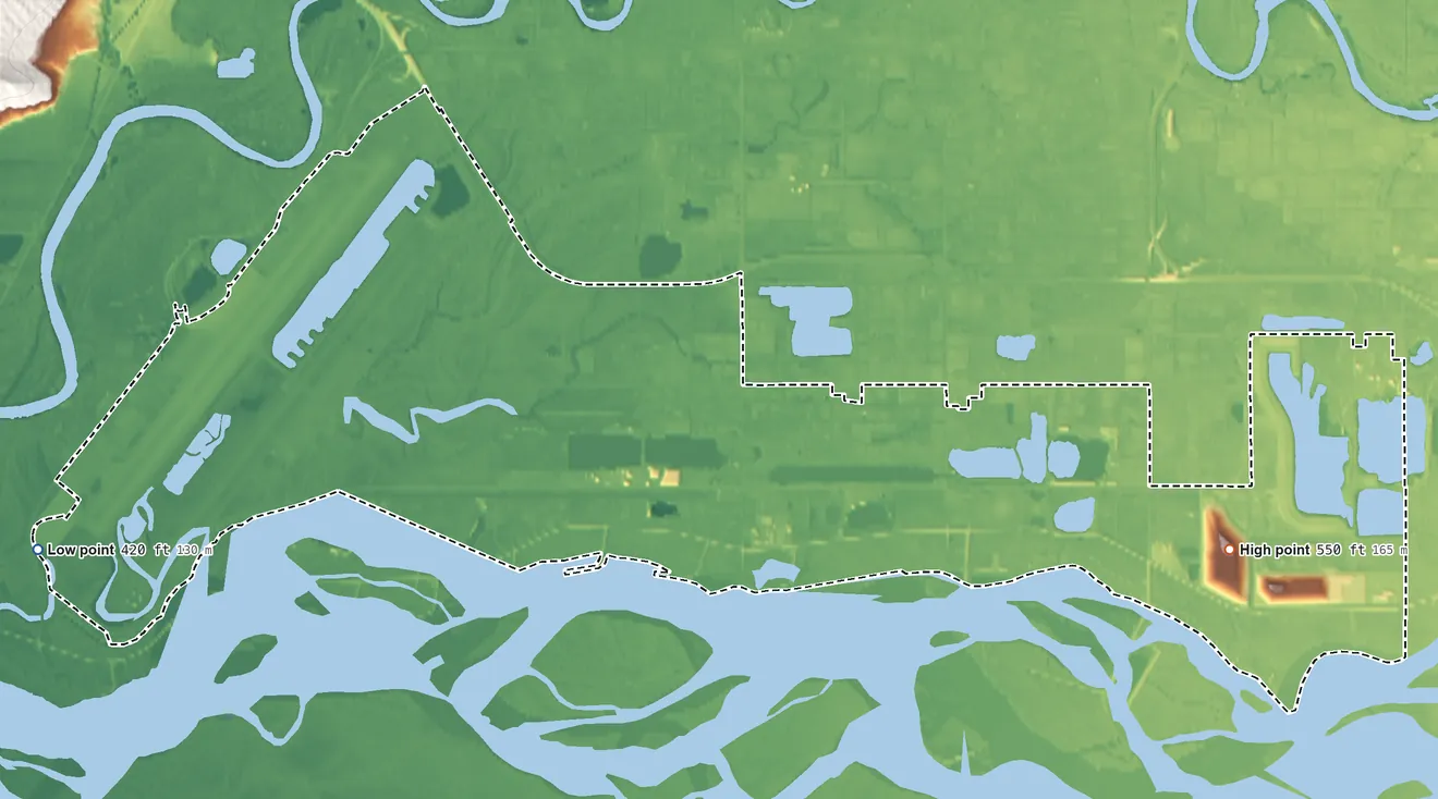 Topographic elevation map of South Van Horn, Alaska, shaded from 420 ft on the west side to 550 ft on the southeast side