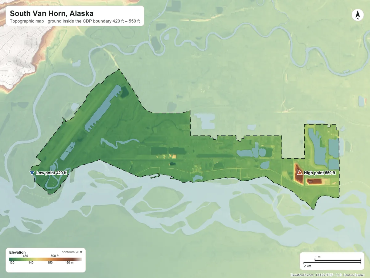 Topographic elevation map of South Van Horn, Alaska, shaded from 420 ft on the west side to 550 ft on the southeast side