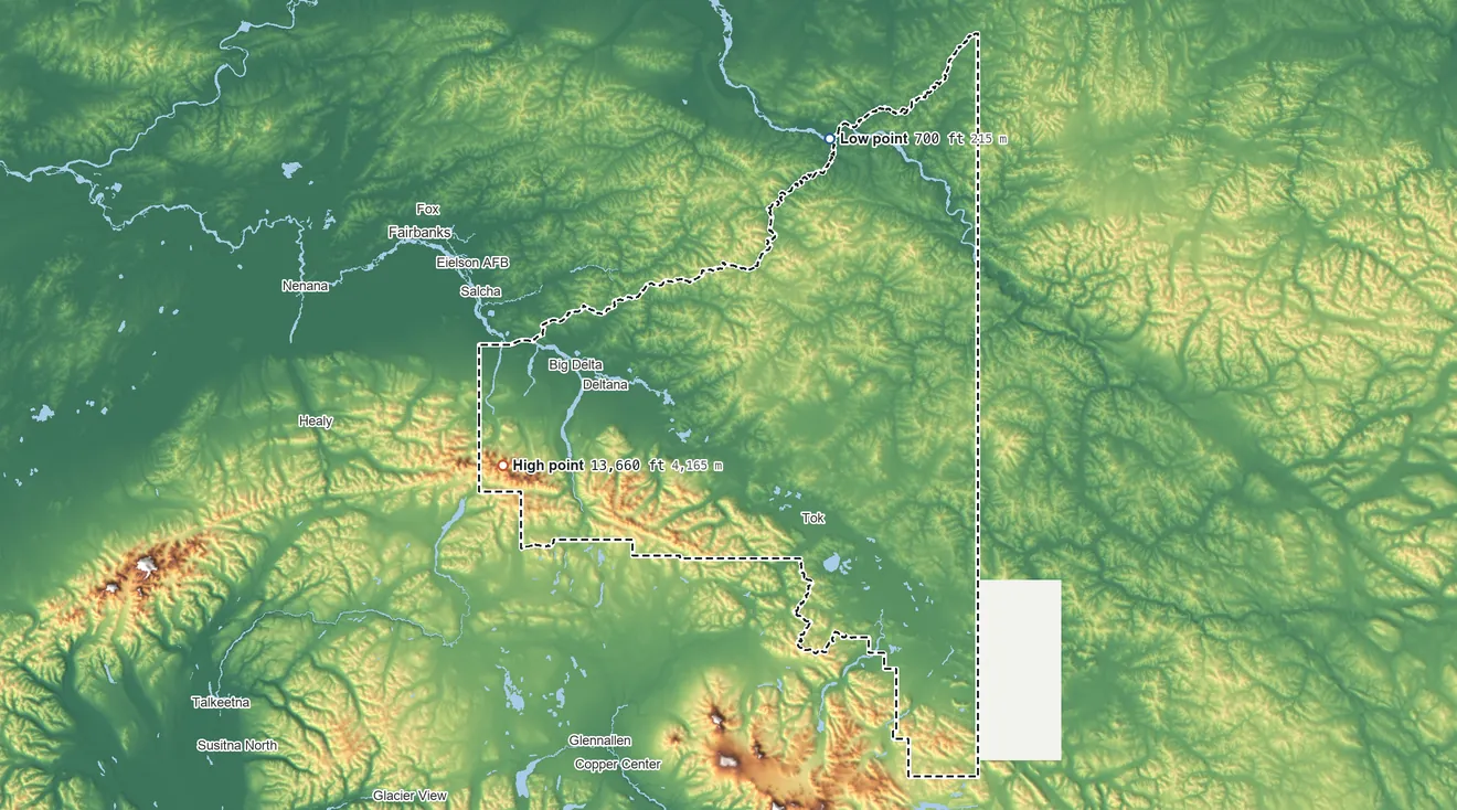 Topographic elevation map of Southeast Fairbanks Census Area, Alaska, shaded from 700 ft on the north side to 13,660 ft on Mount Hayes