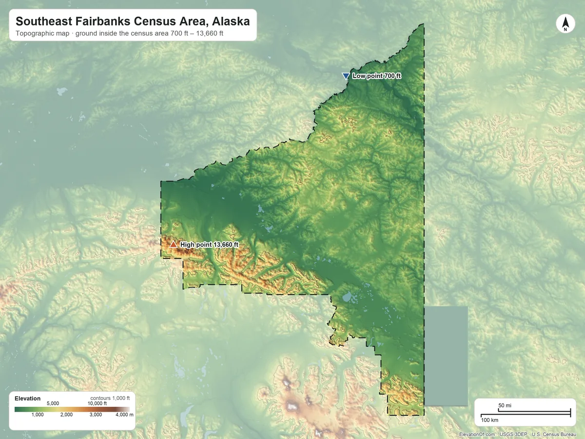 Topographic elevation map of Southeast Fairbanks Census Area, Alaska, shaded from 700 ft on the north side to 13,660 ft on Mount Hayes