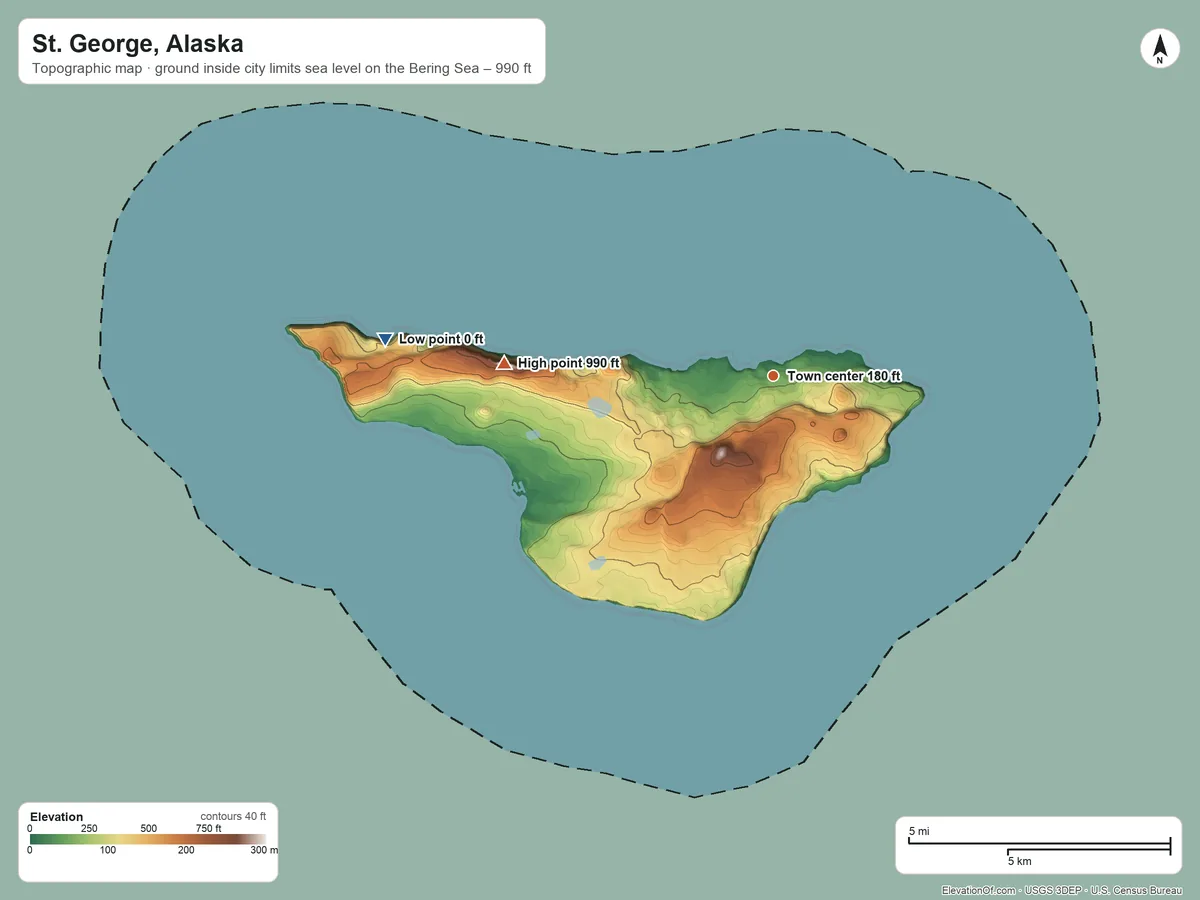 Topographic elevation map of St. George, Alaska, shaded from sea level level on the Bering Sea to 990 ft on the west side