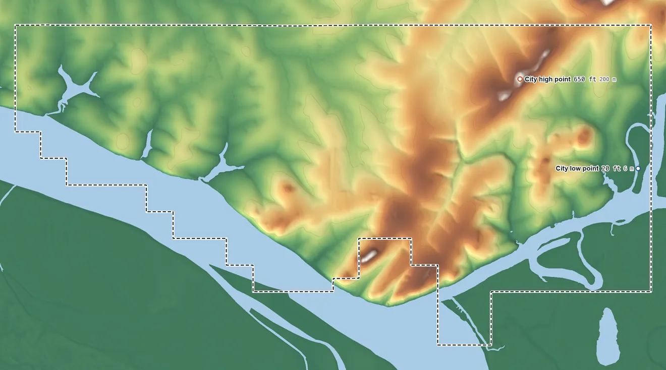 Topographic elevation map of St. Mary's, Alaska, shaded from 20 ft on the northeast side to 650 ft on the north side