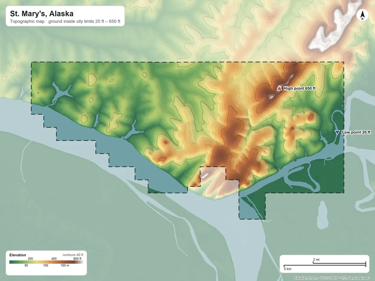 Topographic elevation map of St. Mary's, Alaska, shaded from 20 ft on the northeast side to 650 ft on the north side