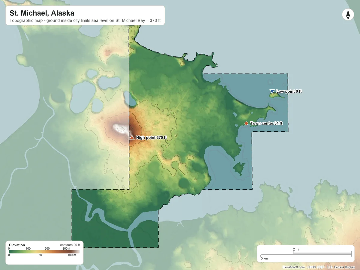 Topographic elevation map of St. Michael, Alaska, shaded from sea level level on St. Michael Bay to 370 ft on the west side