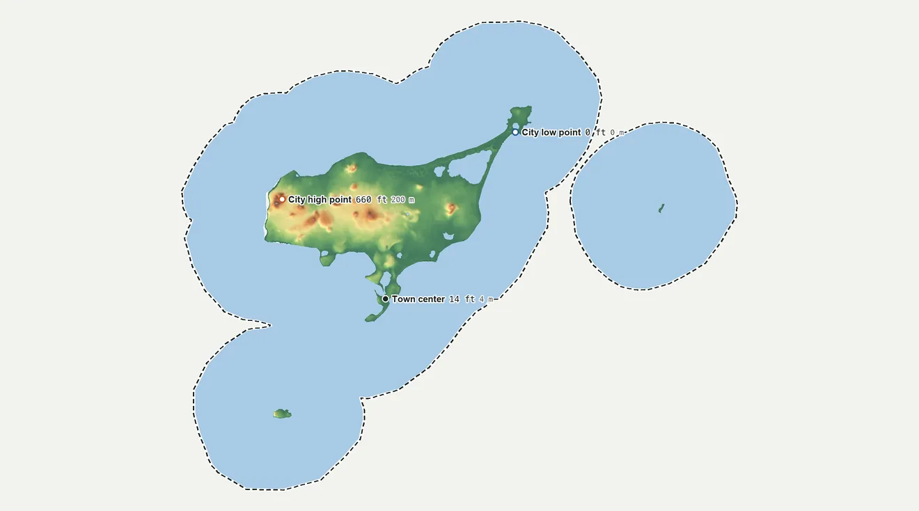 Topographic elevation map of St. Paul, Alaska, shaded from sea level level on the Bering Sea to 660 ft on the northwest side