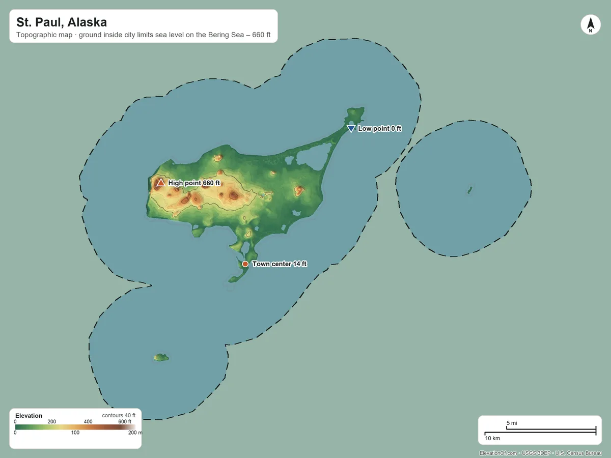 Topographic elevation map of St. Paul, Alaska, shaded from sea level level on the Bering Sea to 660 ft on the northwest side