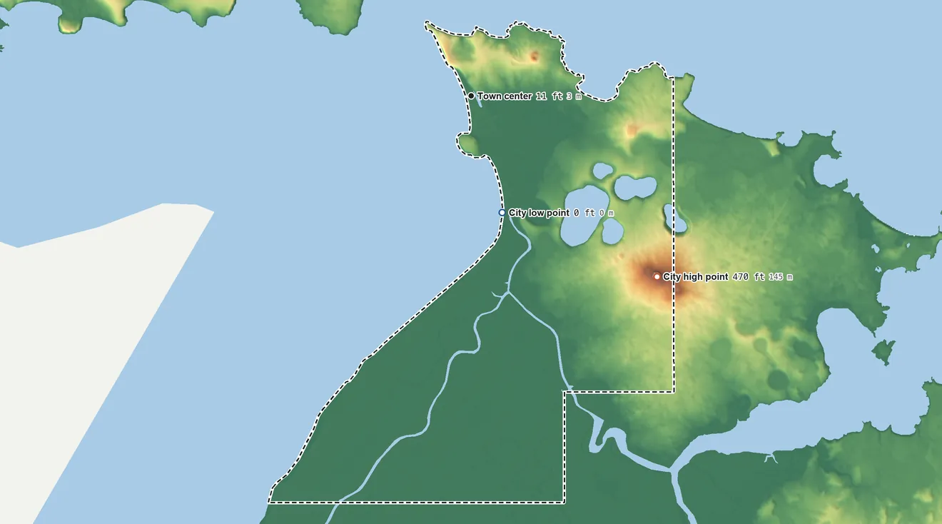 Topographic elevation map of Stebbins, Alaska, shaded from 0 ft on the south side to 470 ft on Saint Michael Mountain