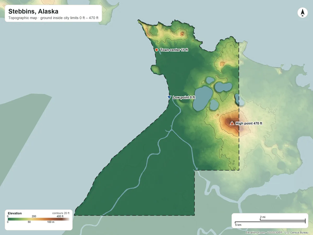Topographic elevation map of Stebbins, Alaska, shaded from 0 ft on the south side to 470 ft on Saint Michael Mountain