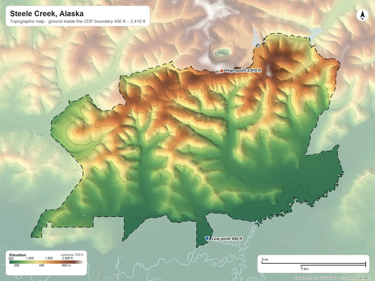 Topographic elevation map of Steele Creek, Alaska, shaded from 450 ft on the southeast side to 2,410 ft on Gilmore Dome