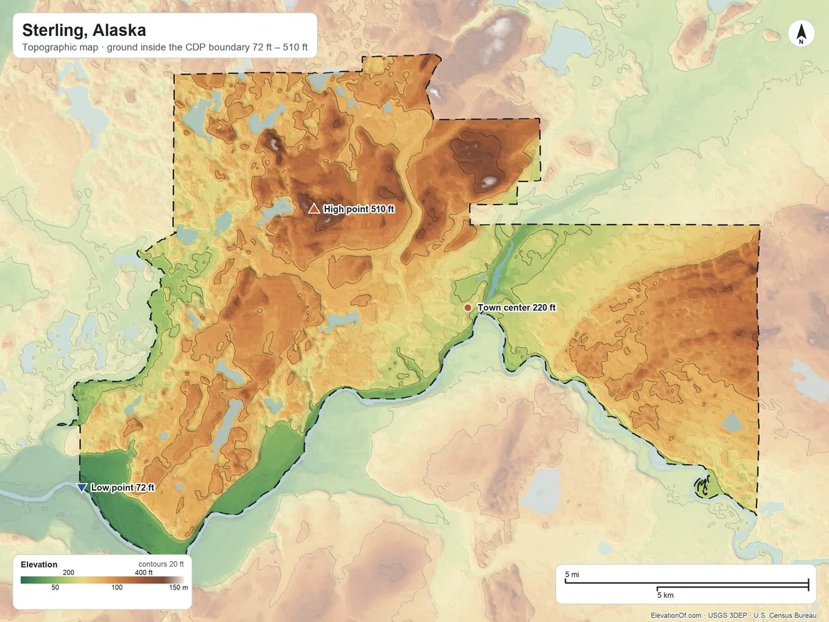 Topographic elevation map of Sterling, Alaska, shaded from 72 ft on the southwest side to 510 ft on the northwest side
