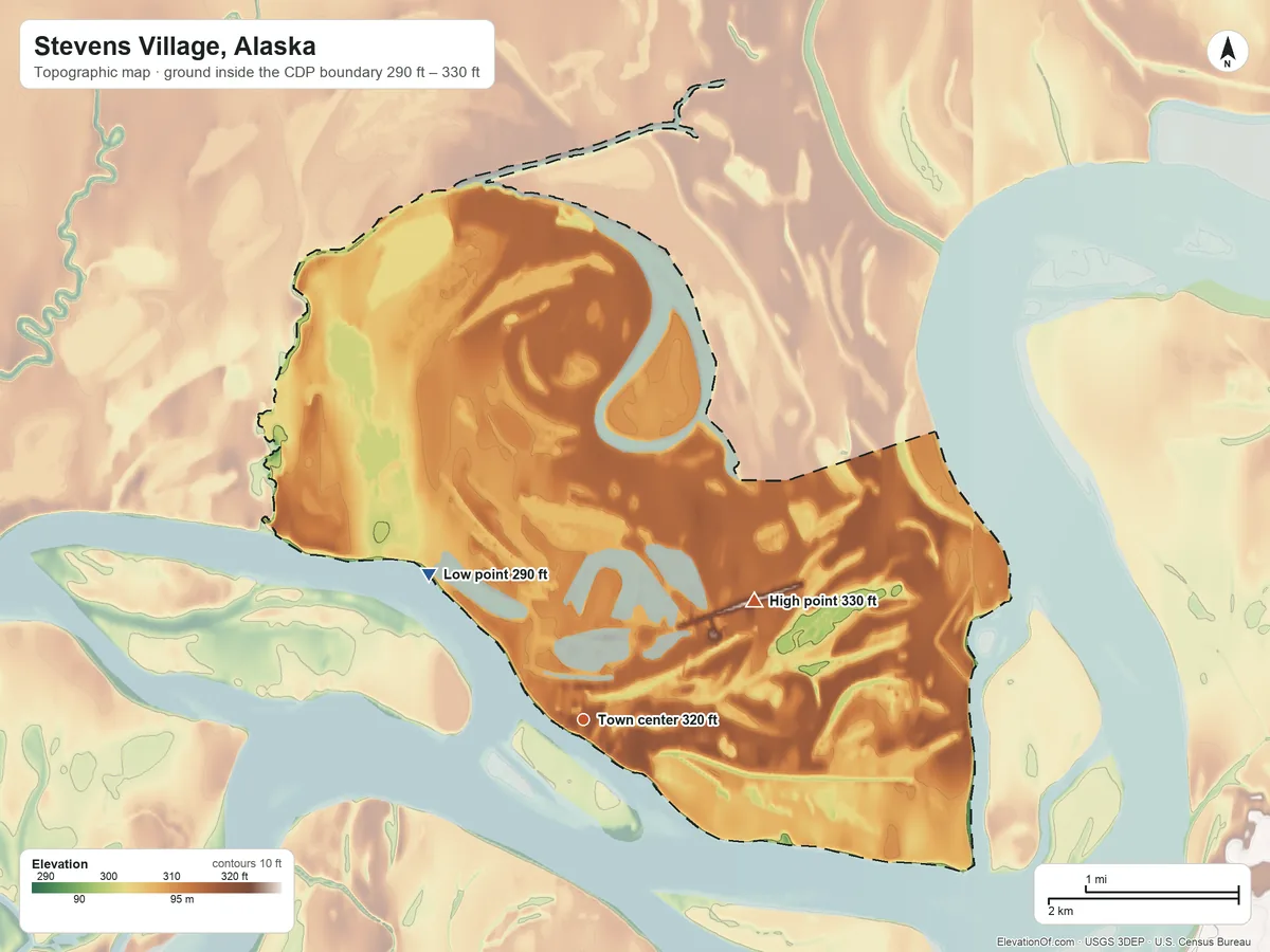 Topographic elevation map of Stevens Village, Alaska, shaded from 290 ft on the northwest side to 330 ft on the northeast side