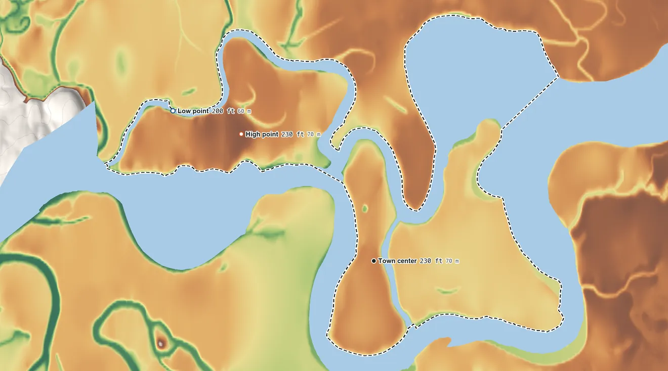 Topographic elevation map of Stony River, Alaska, shaded from 200 ft on the northwest side to 230 ft on the northwest side