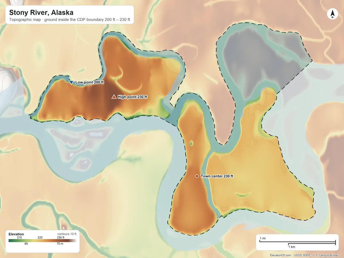 Topographic elevation map of Stony River, Alaska, shaded from 200 ft on the northwest side to 230 ft on the northwest side