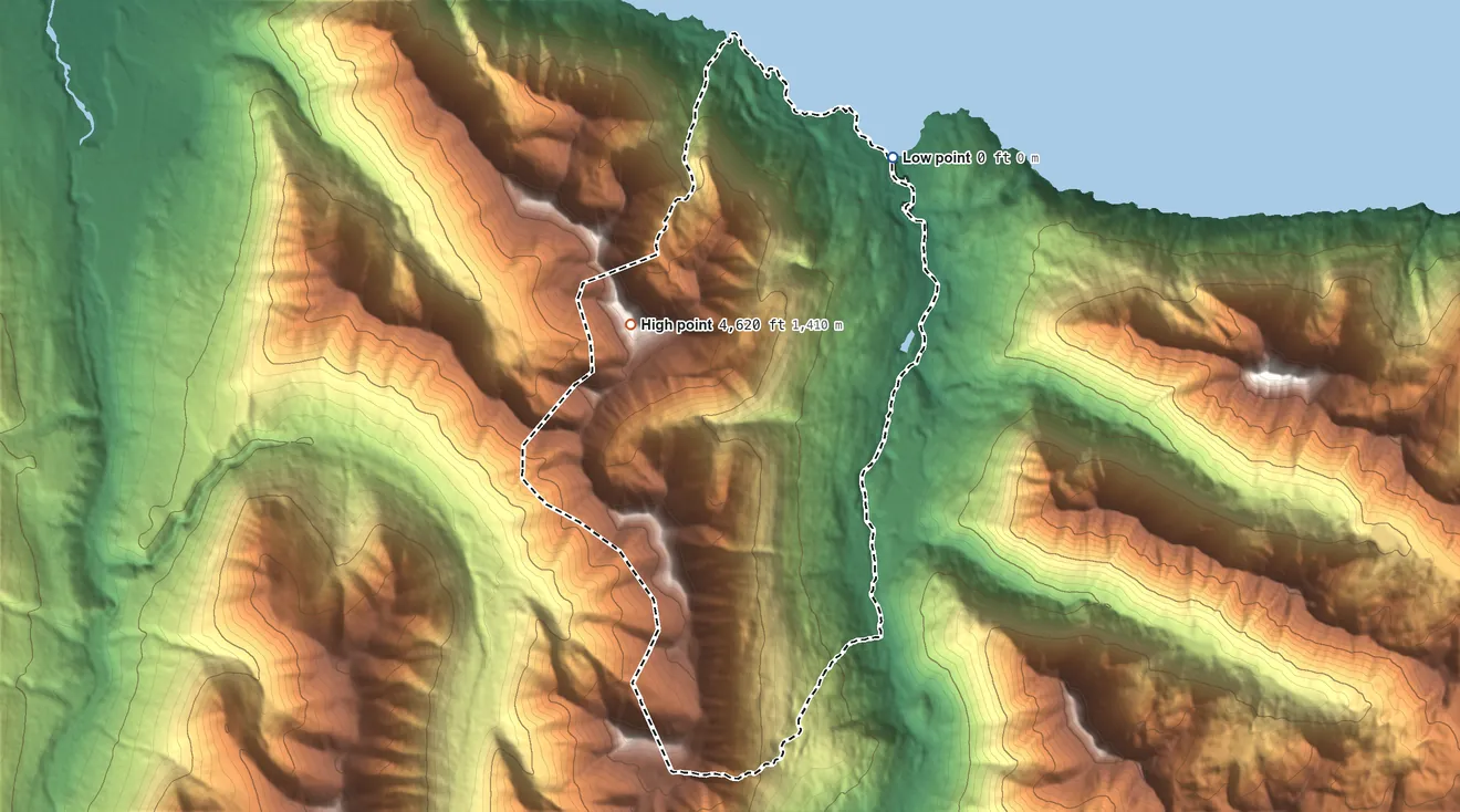 Topographic elevation map of Sunrise, Alaska, shaded from sea level level on the Turnagain Arm to 4,620 ft on the west side