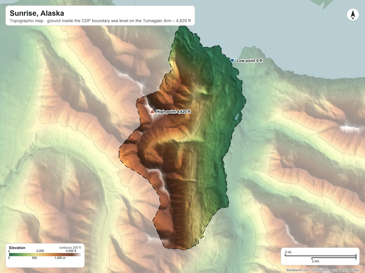 Topographic elevation map of Sunrise, Alaska, shaded from sea level level on the Turnagain Arm to 4,620 ft on the west side