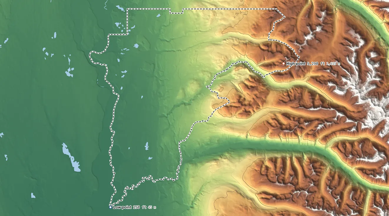 Topographic elevation map of Susitna North, Alaska, shaded from 150 ft on the southwest side to 5,290 ft on the east side
