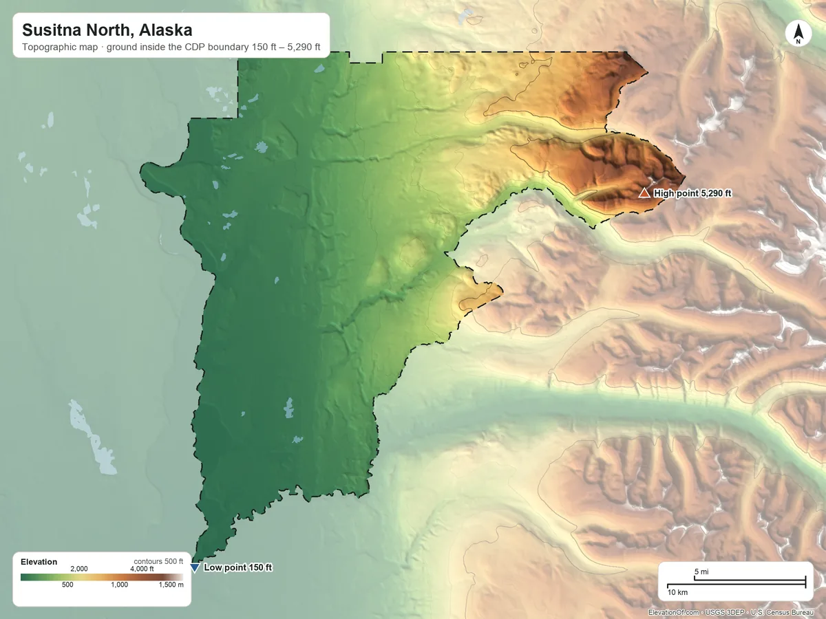 Topographic elevation map of Susitna North, Alaska, shaded from 150 ft on the southwest side to 5,290 ft on the east side