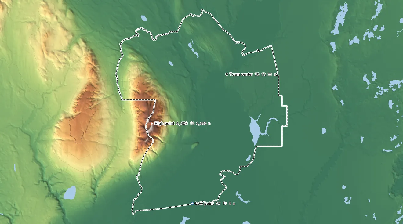 Topographic elevation map of Susitna, Alaska, shaded from 17 ft on the south side to 4,403 ft on Mount Susitna