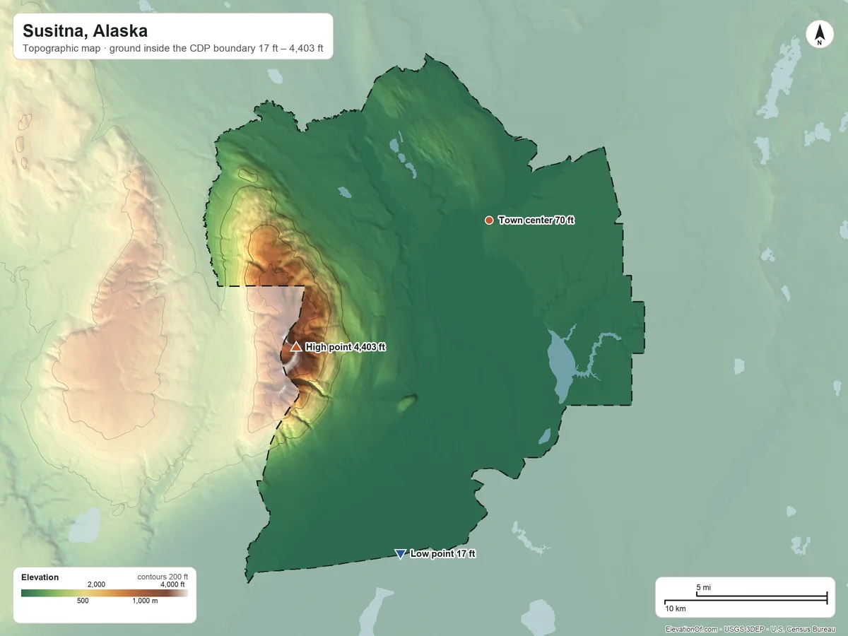 Topographic elevation map of Susitna, Alaska, shaded from 17 ft on the south side to 4,403 ft on Mount Susitna