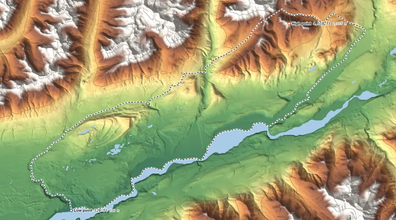 Topographic elevation map of Sutton-Alpine, Alaska, shaded from 320 ft on the southwest side to 4,510 ft on the northeast edge, below higher ground just outside