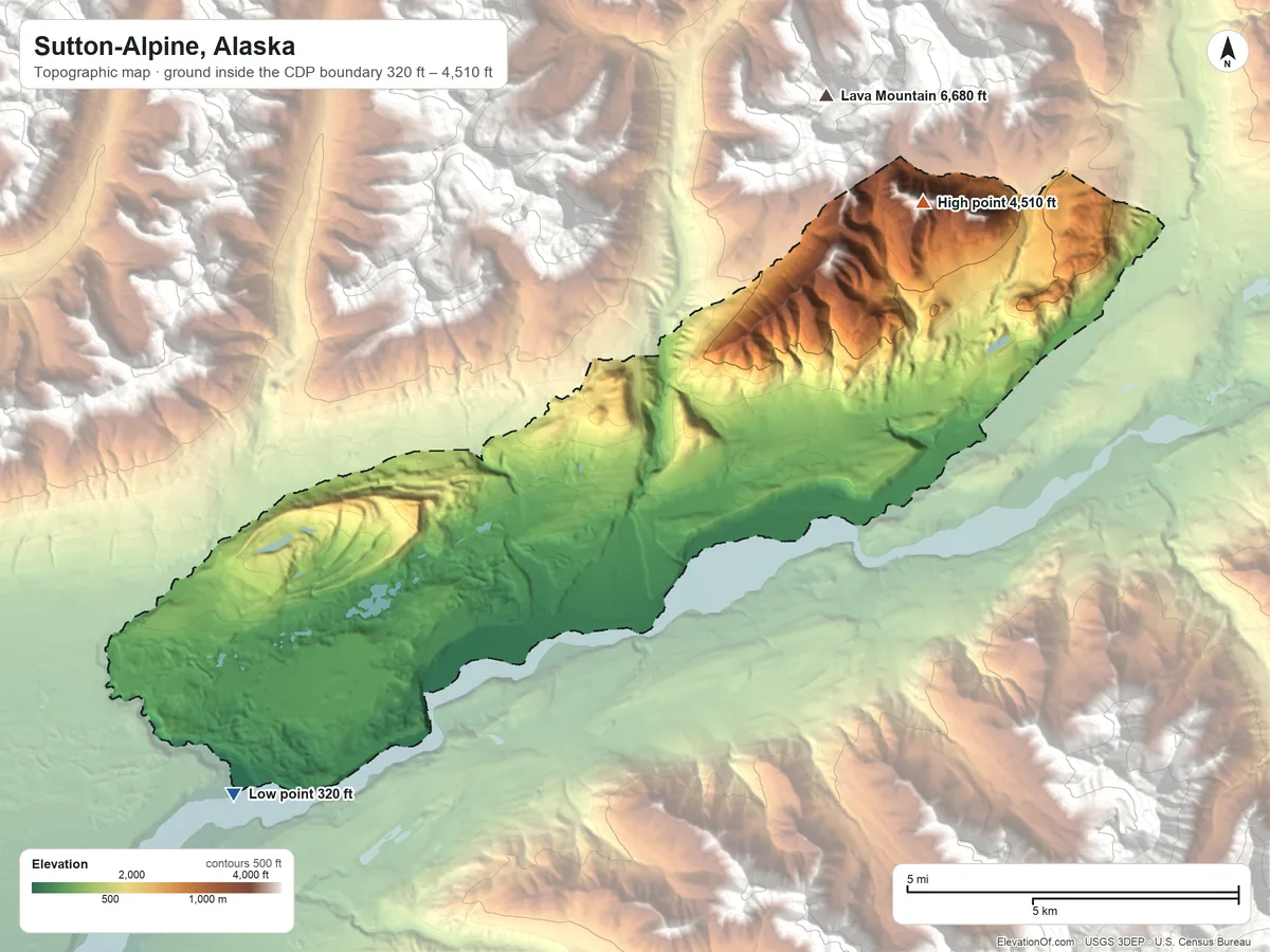 Topographic elevation map of Sutton-Alpine, Alaska, shaded from 320 ft on the southwest side to 4,510 ft on the northeast edge, below higher ground just outside