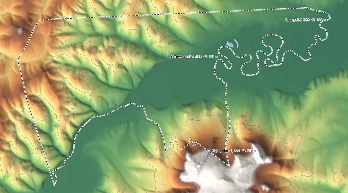 Topographic elevation map of Takotna, Alaska, shaded from 360 ft on the east side to 2,110 ft at the foot of the Roundabout Mountains