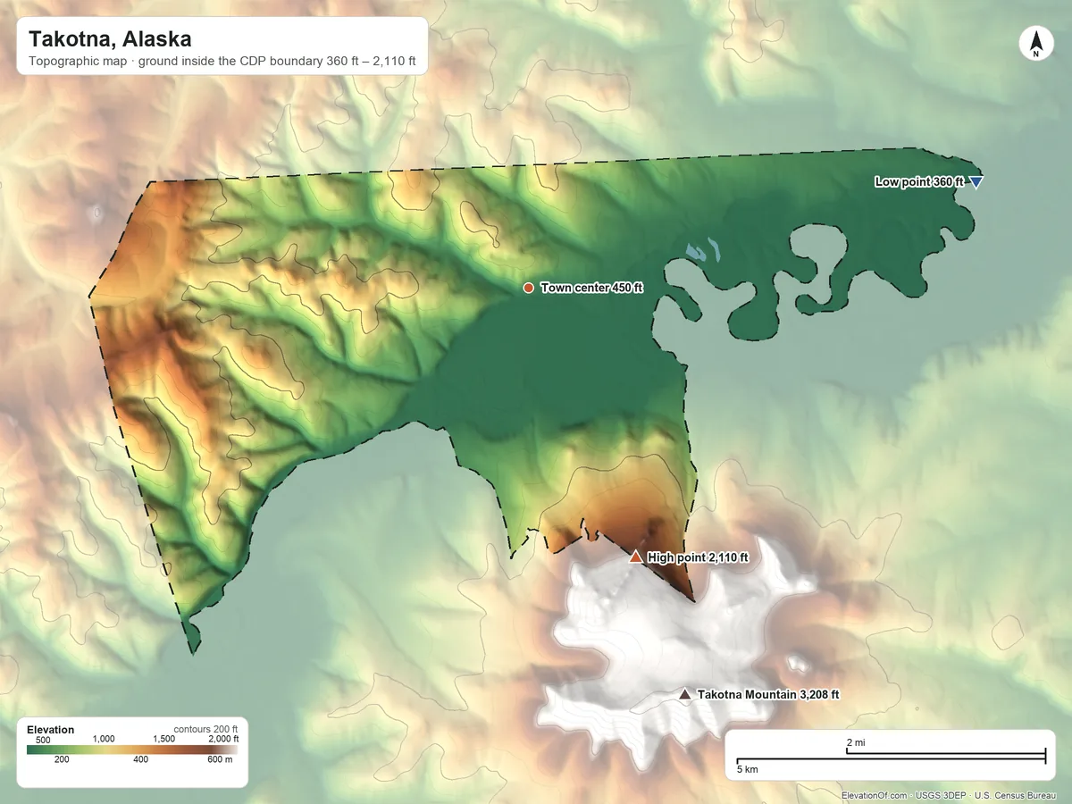 Topographic elevation map of Takotna, Alaska, shaded from 360 ft on the east side to 2,110 ft at the foot of the Roundabout Mountains
