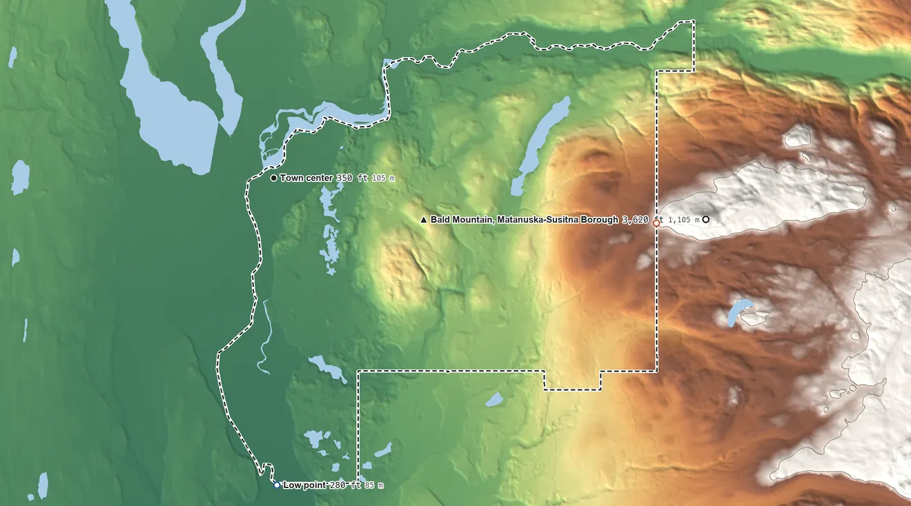 Topographic elevation map of Talkeetna, Alaska, shaded from 280 ft on the south side to 2,520 ft at the foot of the Bartlett Hills
