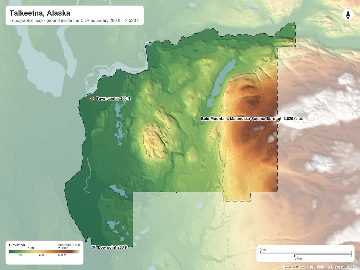Topographic elevation map of Talkeetna, Alaska, shaded from 280 ft on the south side to 2,520 ft at the foot of the Bartlett Hills