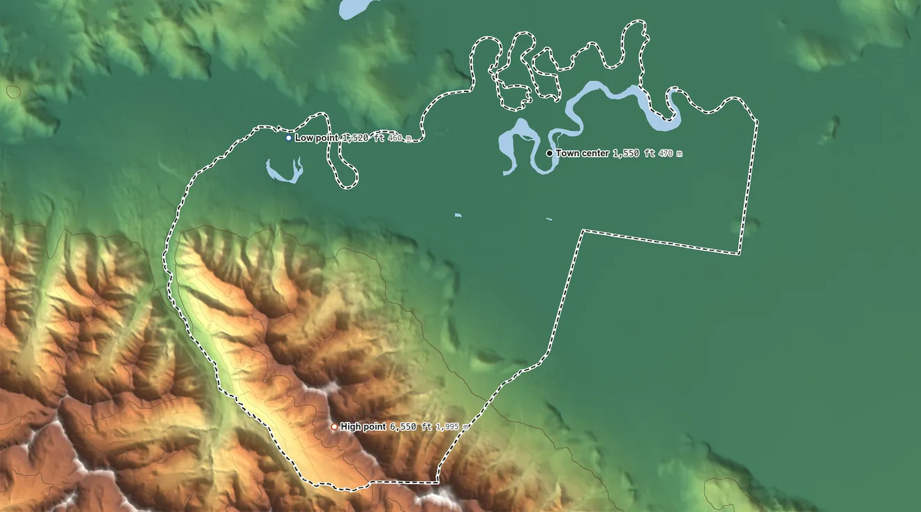 Topographic elevation map of Tanacross, Alaska, shaded from 1,520 ft on the west side to 6,550 ft on the southwest side