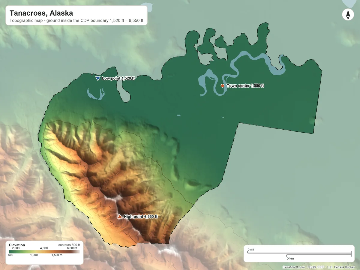 Topographic elevation map of Tanacross, Alaska, shaded from 1,520 ft on the west side to 6,550 ft on the southwest side