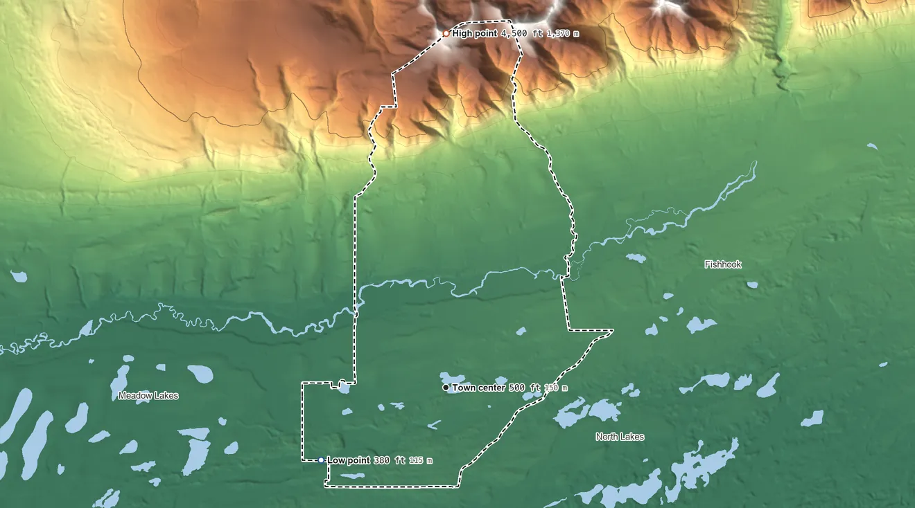 Topographic elevation map of Tanaina, Alaska, shaded from 380 ft on the southwest side to 4,500 ft on the north side