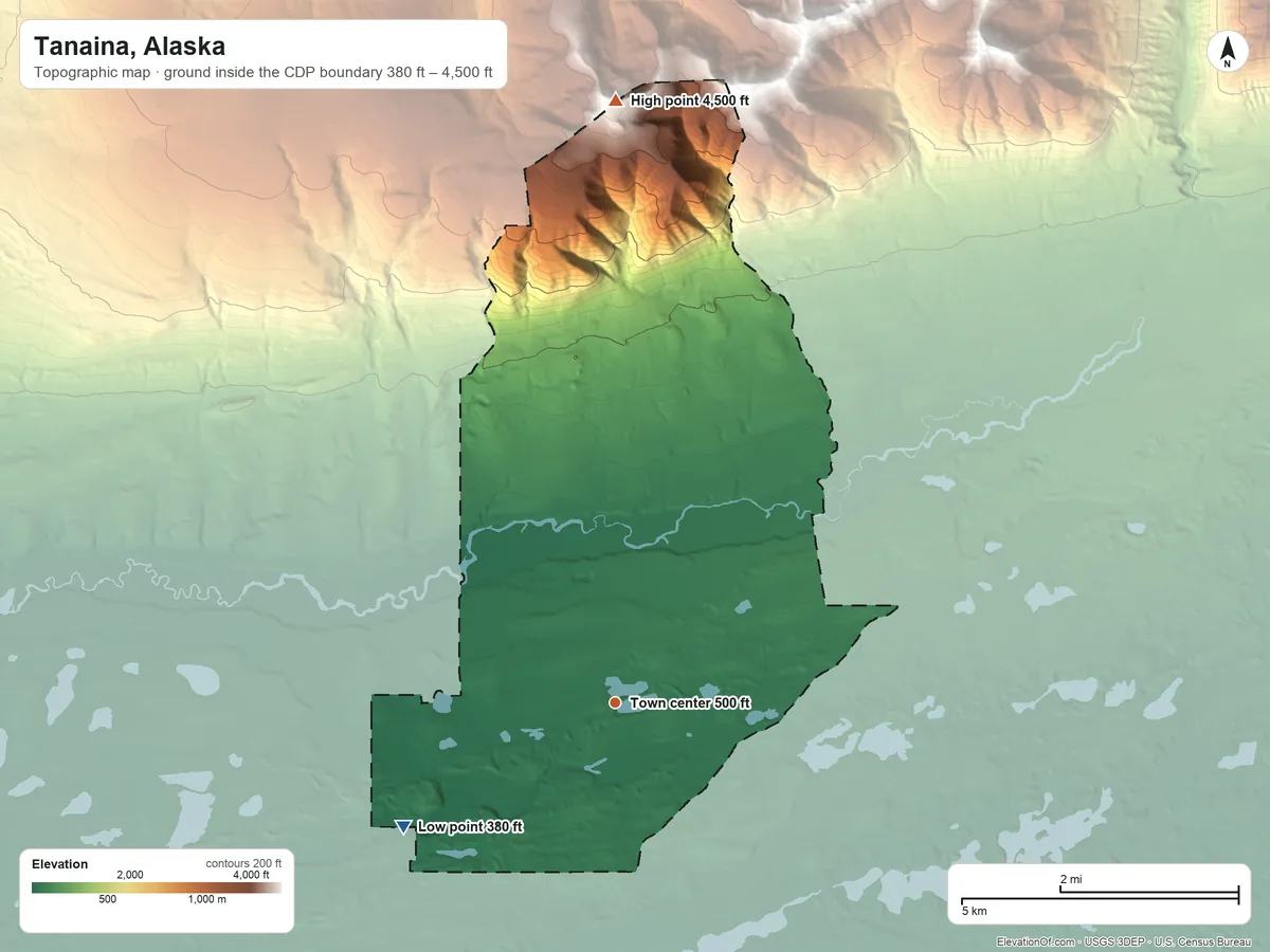 Topographic elevation map of Tanaina, Alaska, shaded from 380 ft on the southwest side to 4,500 ft on the north side