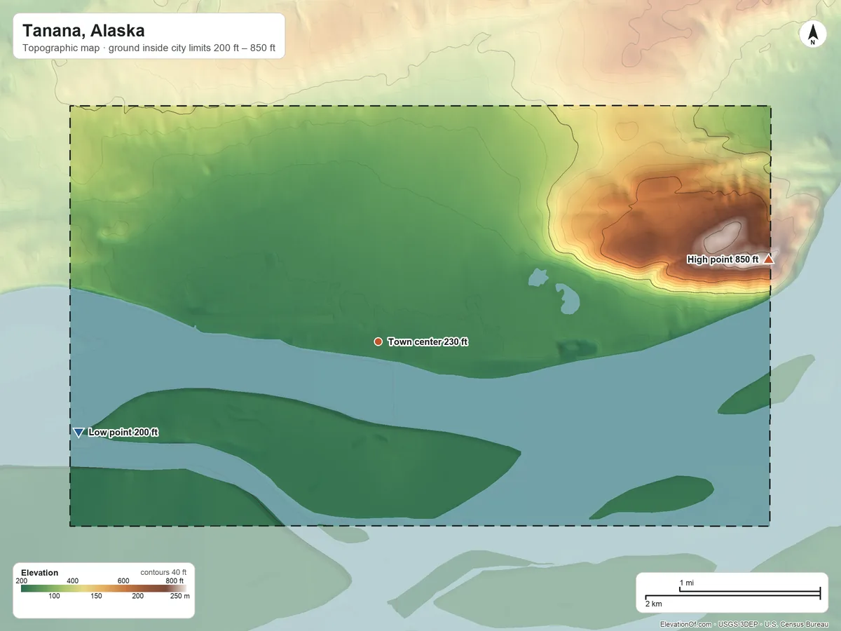 Topographic elevation map of Tanana, Alaska, shaded from 200 ft on the west side to 850 ft on Mission Hill