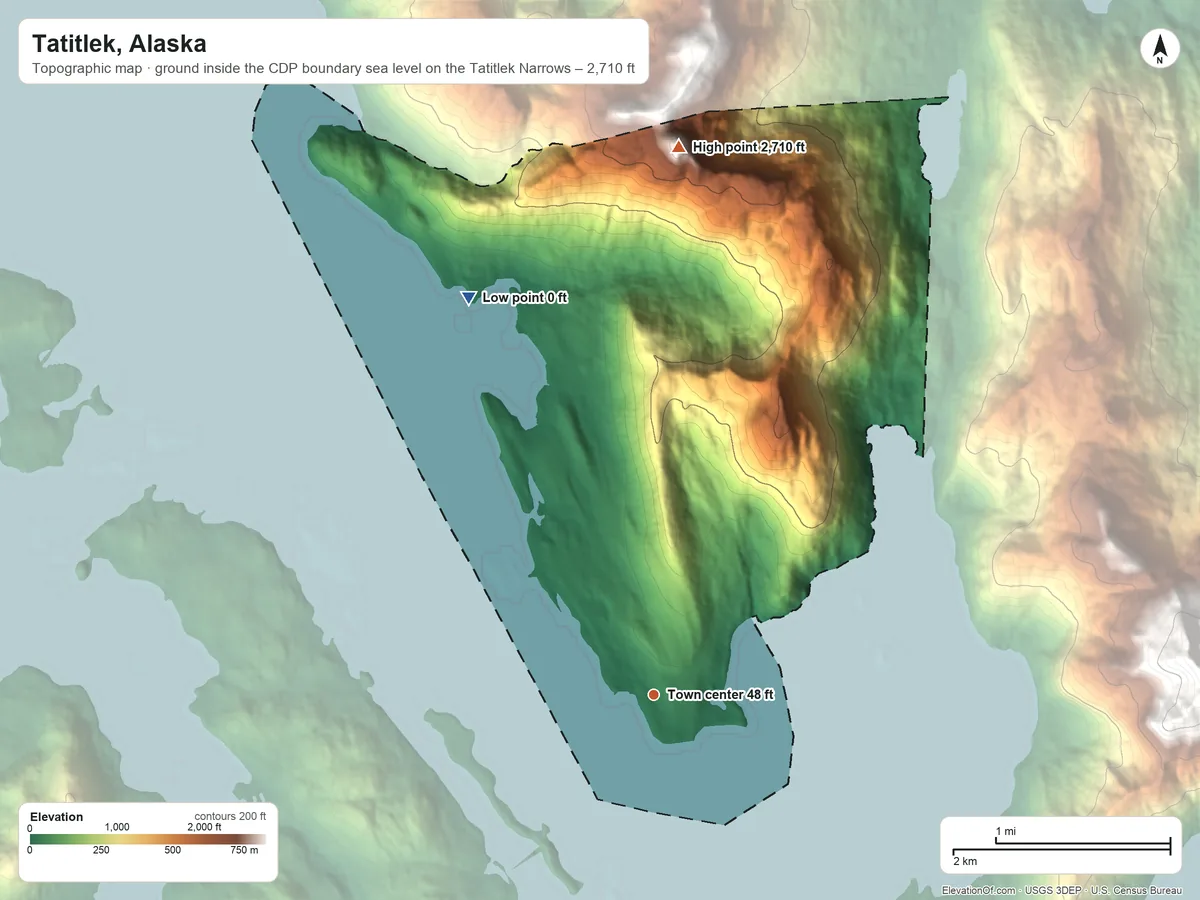 Topographic elevation map of Tatitlek, Alaska, shaded from sea level level on the Tatitlek Narrows to 2,710 ft on the north side