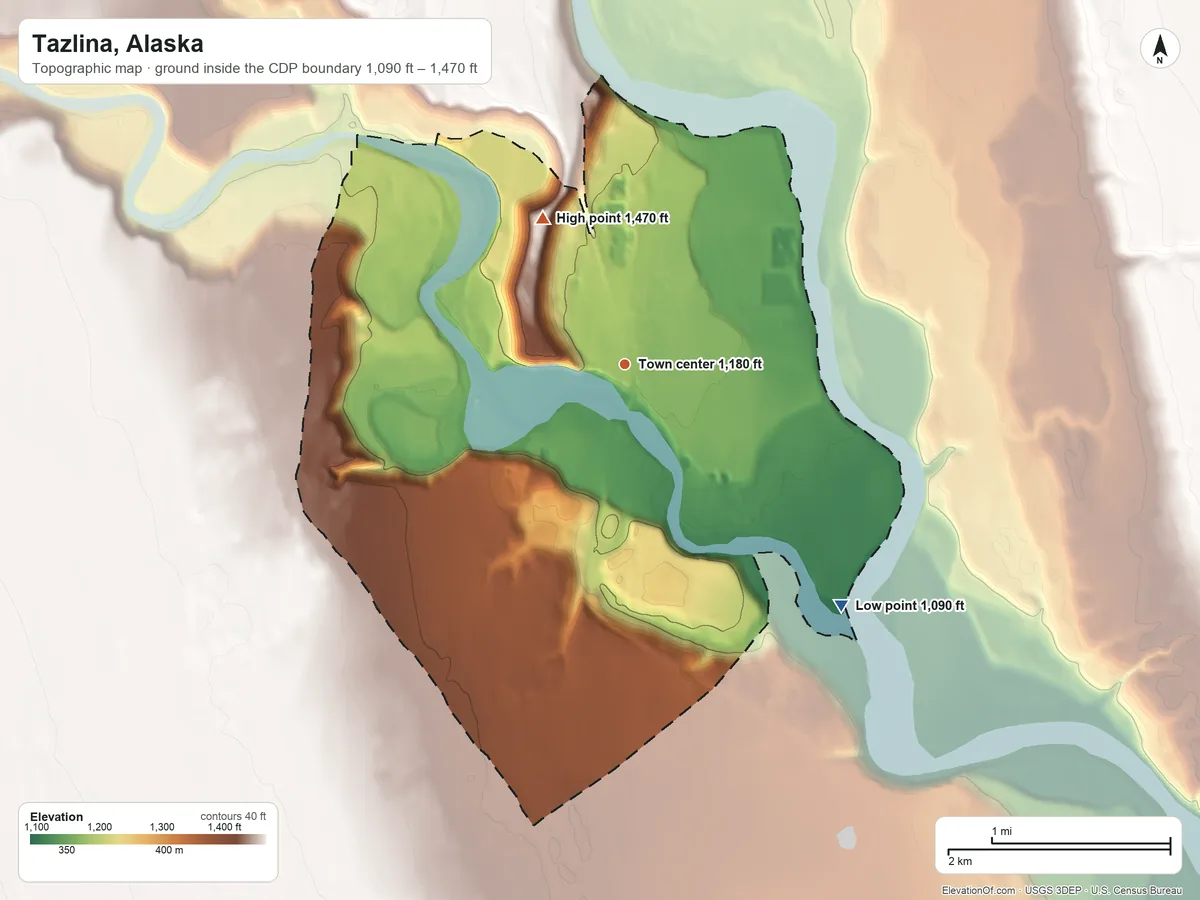 Topographic elevation map of Tazlina, Alaska, shaded from 1,090 ft on the southeast side to 1,470 ft on the northwest side