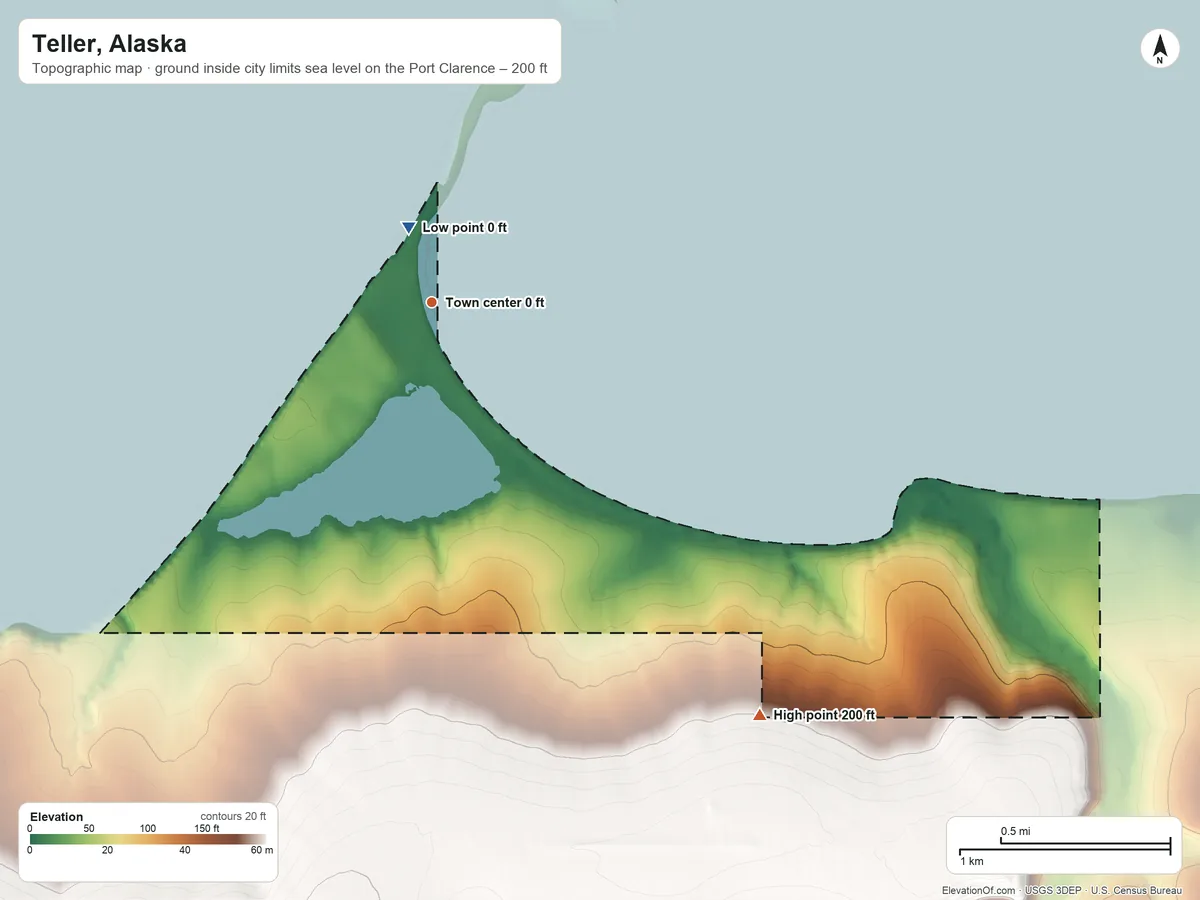 Topographic elevation map of Teller, Alaska, shaded from sea level level on the Port Clarence to 200 ft on the southeast side