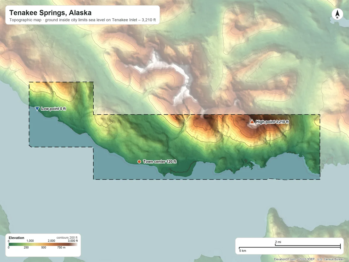 Topographic elevation map of Tenakee Springs, Alaska, shaded from sea level level on Tenakee Inlet to 3,210 ft on the east side