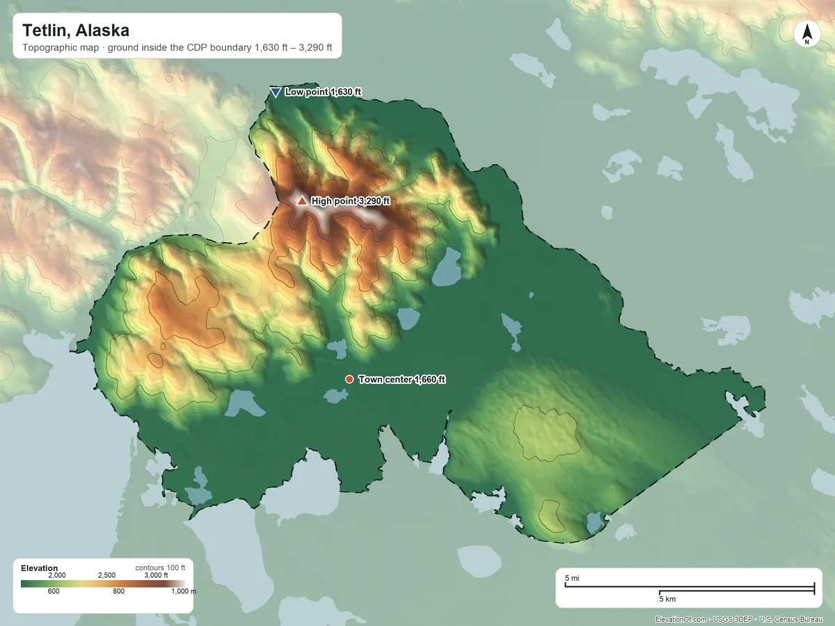 Topographic elevation map of Tetlin, Alaska, shaded from 1,630 ft on the north side to 3,290 ft on Chisana Mountain