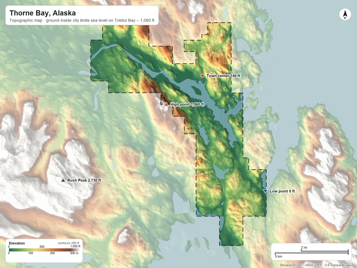 Topographic elevation map of Thorne Bay, Alaska, shaded from sea level level on Tolstoi Bay to 1,060 ft on the southwest side