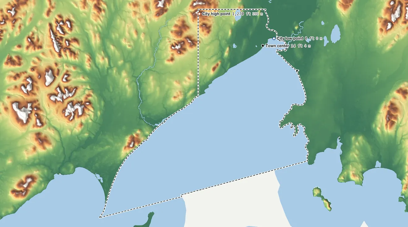 Topographic elevation map of Togiak, Alaska, shaded from sea level level on Togiak Bay to 1,270 ft on the northwest side