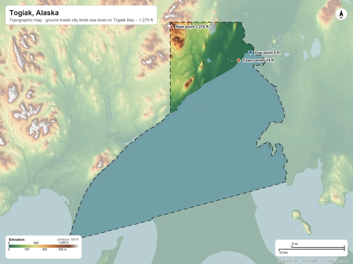 Topographic elevation map of Togiak, Alaska, shaded from sea level level on Togiak Bay to 1,270 ft on the northwest side