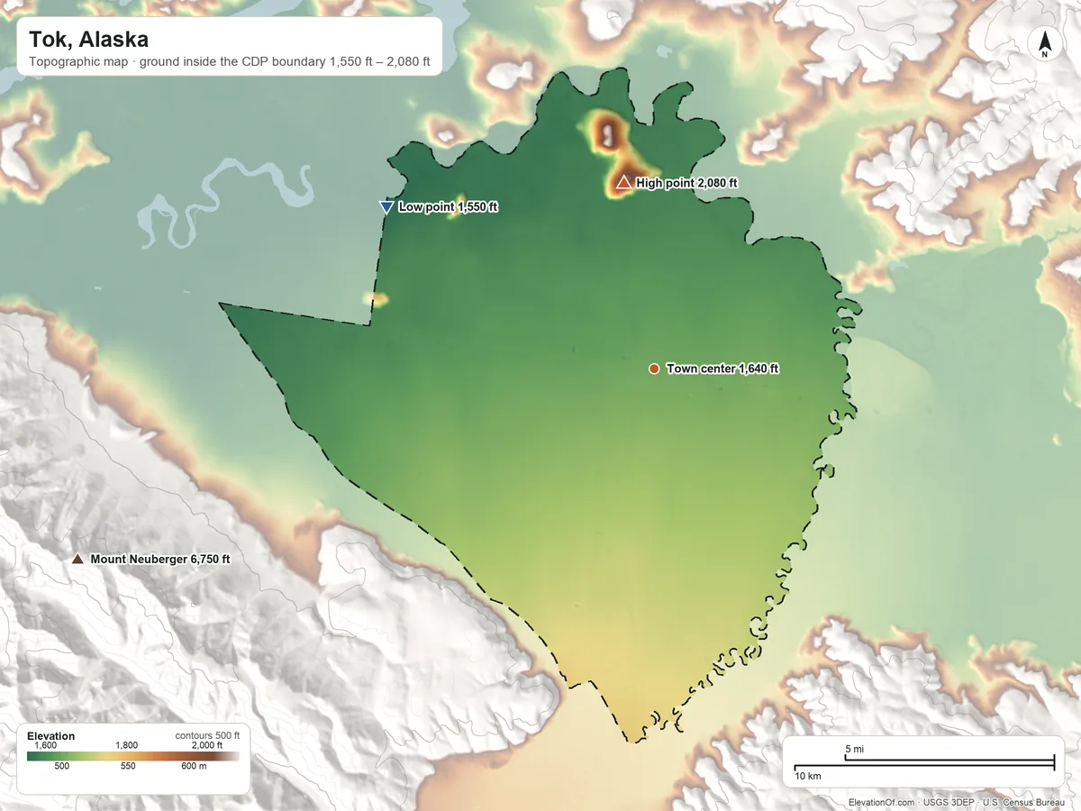 Topographic elevation map of Tok, Alaska, shaded from 1,550 ft on the northwest side to 2,080 ft on the north side