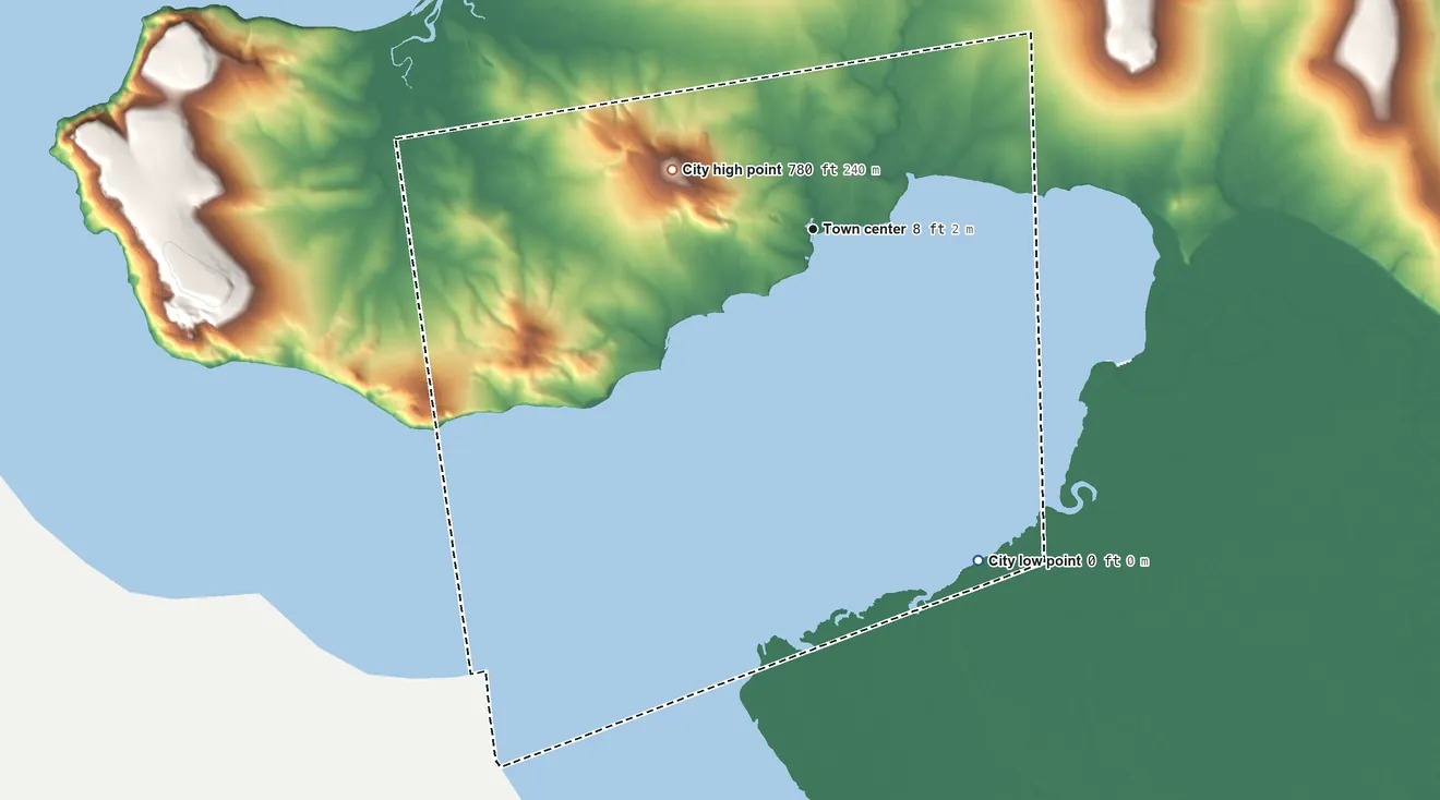 Topographic elevation map of Toksook Bay, Alaska, shaded from sea level level on Kangirlvar Bay to 780 ft on Nealruk Mountain